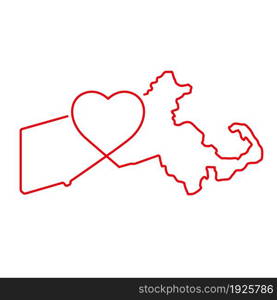 Massachusetts US state red outline map with the handwritten heart shape. Continuous line drawing of patriotic home sign. A love for a small homeland. T-shirt print idea. Vector illustration.. Massachusetts US state red outline map with the handwritten heart shape. Vector illustration