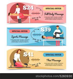 Massage And Health Care Banners. Flat design horizontal various types of massage and health care special offer banners isolated on white background vector illustration