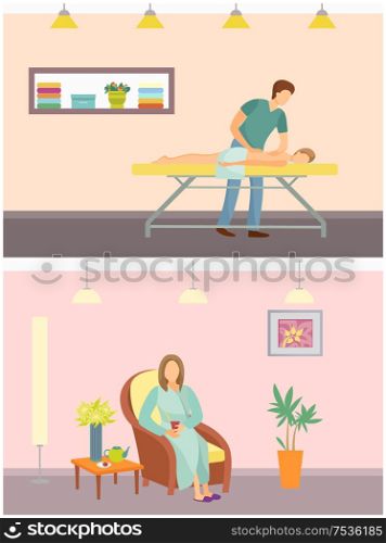 Massage and relaxing procedures in spa salon and resort. Woman sitting on chair drinking hot tea beverage. People relaxed and resting, man set vector. Massage and Relaxing Procedures Woman Set Vector