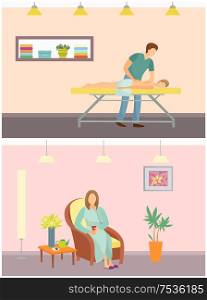 Massage and relaxing procedures in spa salon and resort. Woman sitting on chair drinking hot tea beverage. People relaxed and resting, man set vector. Massage and Relaxing Procedures Woman Set Vector