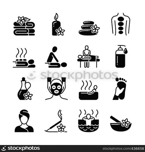 Massage and spa therapy, body care medical vector silhouette icons. Massage and health therapy for body, spa and beauty illustration. Massage and spa therapy, body care medical vector silhouette icons
