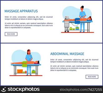 Massage apparatus and abdominal treatment performed by masseuses vector. Posters set with male and female clients in tables. Machinery for back care. Massage Apparatus and Abdominal Treatment Vector