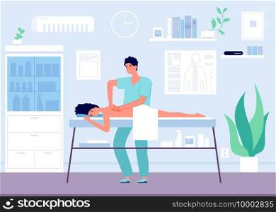 Massage concept. Occupational sport physiotherapist or chiropractor. Patient on rehabilitation, manual treatment vector illustration. Massage physical for health, specialist chiropractor. Massage concept. Occupational sport physiotherapist or chiropractor. Patient on rehabilitation, manual treatment vector illustration