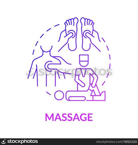 Massage gradient purple concept icon. Acupressure for pain relief. Physical rehabilitation. Physiotherapy treatment abstract idea thin line illustration. Vector isolated outline color drawing. Massage gradient purple concept icon