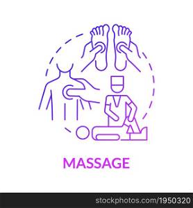 Massage gradient purple concept icon. Acupressure for pain relief. Physical rehabilitation. Physiotherapy treatment abstract idea thin line illustration. Vector isolated outline color drawing. Massage gradient purple concept icon