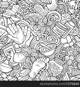 Massage hand drawn doodles seamless pattern. Spa therapy background. Cartoon relax fabric print design. Line art vector illustration. All objects are separate.. Massage hand drawn doodles seamless pattern. Spa therapy background