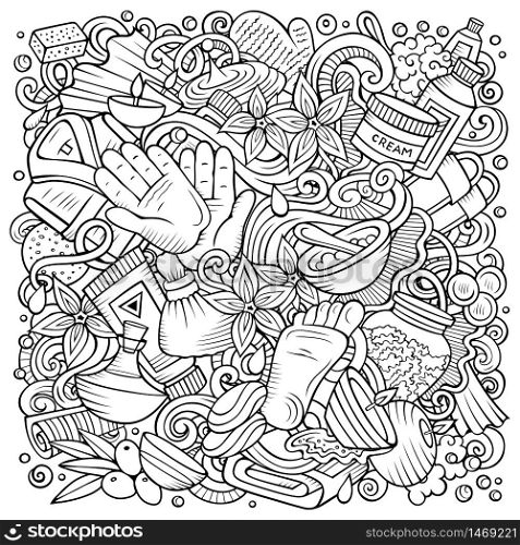 Massage hand drawn vector doodles illustration. Spa salon poster design. Beauty elements and objects cartoon background. Sketchy funny picture. All items are separated. Massage hand drawn vector doodles illustration. Spa salon poster design.