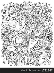Massage hand drawn vector doodles illustration. Spa salon poster design. Beauty elements and objects cartoon background. Sketchy funny picture. All items are separated. Massage hand drawn vector doodles illustration. Spa salon poster design.