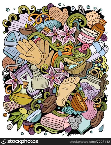 Massage hand drawn vector doodles illustration. Spa salon poster design. Beauty elements and objects cartoon background. Bright colors funny picture. All items are separated. Massage hand drawn vector doodles illustration. Spa salon poster design.