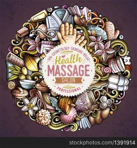 Massage hand drawn vector doodles round illustration. Spa salon poster design. Beauty elements and objects cartoon background. Bright colors funny picture. All items are separated. Massage hand drawn vector doodles round illustration. Spa salon poster design