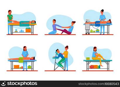 Massage methods used by masseuses, isolated icons set vector. Foot and back, abdominal belly treatment and self care. Apparatus machine and chair. Massage Methods of Masseuses Icons Set Vector