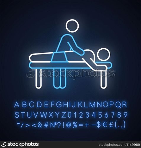 Massage neon light icon. Spa center. Medical procedure. Back pain relief. Healthcare. Physical treatment. Injury healing. Glowing sign with alphabet, numbers and symbols. Vector isolated illustration