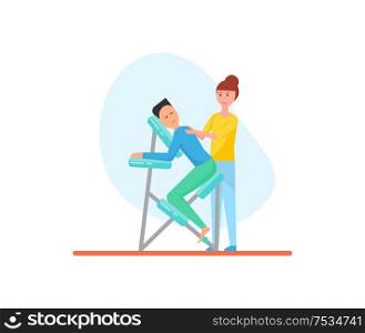 Massage of back using special chair for better relaxation isolated icon vector. Masseuse with male client suffering from pain and ache, treatment care. Massage of Back Using Special Chair Icon Vector