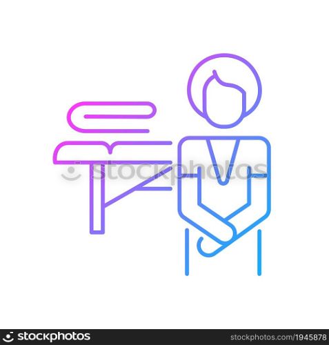 Massage practitioner gradient linear vector icon. Professional physiotherapist. Healthcare worker. Spa treatment. Thin line color symbol. Modern style pictogram. Vector isolated outline drawing. Massage practitioner gradient linear vector icon