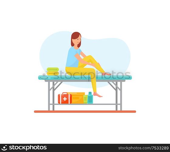 Massage self care and treatment of female isolated icon vector. Woman on table rubbing her legs with lotions and ointments to relieve pain in ankle. Massage Self Care and Treatment of Female Vector