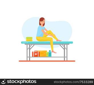 Massage self care and treatment of female isolated icon vector. Woman on table rubbing her legs with lotions and ointments to relieve pain in ankle. Massage Self Care and Treatment of Female Vector