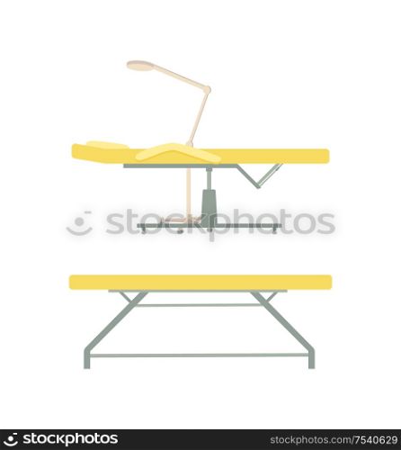 Massage table and furniture of spa beauty salon with lamp isolated vector. Empty place for clients to lay during procedures and relaxation treatment. Massage Table and Furniture with Lamp Set Vector