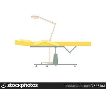 Massage table lamp illuminating light to see clear. Place to sit for clients of beauty spa salons. Isolated icon of furniture for specialist vector. Massage Table with Lamp for Client Isolated Vector