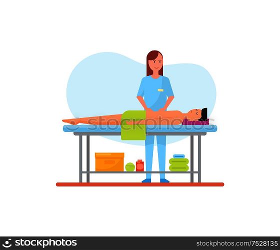 Massage therapy abdominal belly care done by specialist masseuse, isolated icon. Man relaxing on table, woman rubbing client with oils lotions vector. Massage Therapy Abdominal Belly Care Icon Vector