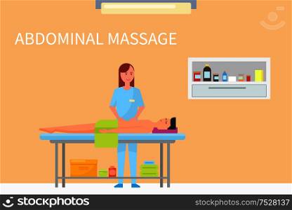 Massage therapy abdominal belly care done by specialist masseuse, spa salon interior. Man relaxing on table, woman rubbing client with oils lotions vector. Massage Therapy Abdominal Belly Care Icon Vector