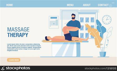 Massage Therapy and Rehabilitation Service Landing Page. Professional Man Masseur Working with Male Patient Injured Leg. Treatment, Recovery and Healthcare. Vector Flat Cartoon Illustration. Massage Therapy and Rehabilitation Landing Page