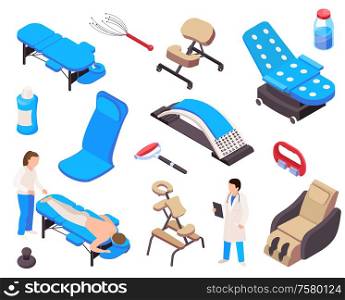 Massage therapy isometric collection of isolated icons and images of medical supplies physiotherapeutic equipment and people vector illustration