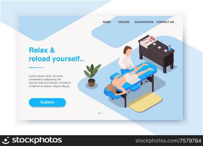 Massage therapy isometric landing page web site design with clickable button links images and text description vector illustration