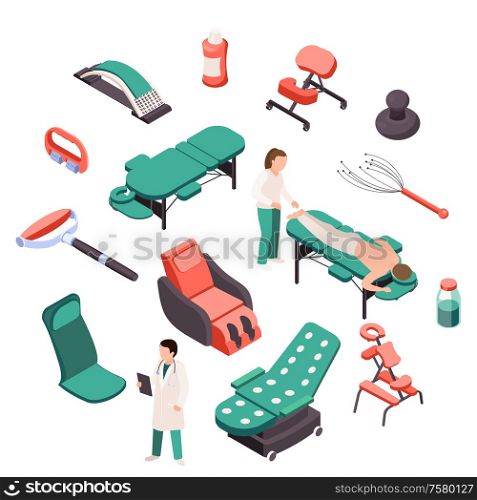 Massage therapy isometric recolor set with isolated images of wellness chairs couches equipment items and people vector illustration