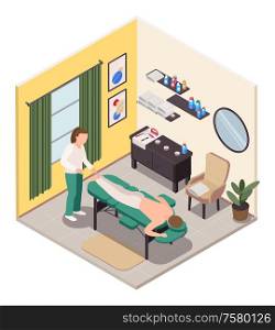 Massage therapy isometric room composition with indoor view of wellness room massage couch furniture and people vector illustration