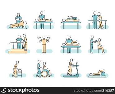 Massage therapy spa physiotherapy vector line medical icons. Therapeutic symbols and recuperation, physiotherapist rehabilitation illustration. Massage therapy spa physiotherapy vector line medical icons. Therapeutic symbols