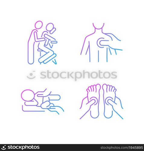 Massage therapy techniques gradient linear vector icons set. Pressing on trigger points. Treating newborn colic. Thin line contour symbols bundle. Isolated outline illustrations collection. Massage therapy techniques gradient linear vector icons set