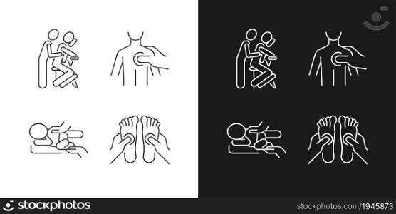 Massage therapy techniques linear icons set for dark and light mode. Pressing on trigger points. Treating colic. Customizable thin line symbols. Isolated vector outline illustrations. Editable stroke. Massage therapy techniques linear icons set for dark and light mode