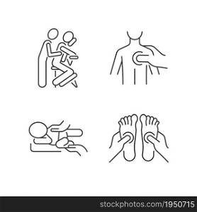 Massage therapy techniques linear icons set. Pressing on trigger points. Treating newborn colic. Customizable thin line contour symbols. Isolated vector outline illustrations. Editable stroke. Massage therapy techniques linear icons set