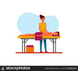 Massage therapy woman masseuse working with pleasure man relaxing on table vector. Person with towel get professional treatment of massage specialist. Massage Therapy Woman Masseuse and Man Vector