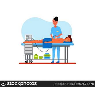 Massage treatment using special apparatus machine for skincare and relaxation. Isolated icon vector with masseuse and relaxing client, smiling female. Massage Treatment Using Apparatus Machine Vector