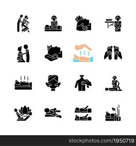 Massage types black glyph icons set on white space. Physical health improvement. Applying pressure to muscles. Relieving pain and stress. Healing body. Silhouette symbols. Vector isolated illustration. Massage types black glyph icons set on white space