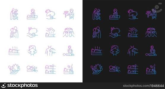 Massage types gradient icons set for dark and light mode. Physical health improvement. Thin line contour symbols bundle. Isolated vector outline illustrations collection on black and white. Massage types gradient icons set for dark and light mode