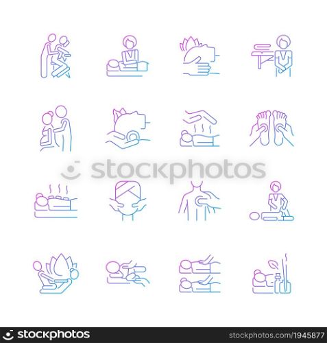 Massage types gradient linear vector icons set. Physical health improvement. Applying pressure to muscles. Healing body. Thin line contour symbols bundle. Isolated outline illustrations collection. Massage types gradient linear vector icons set