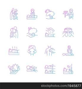 Massage types gradient linear vector icons set. Physical health improvement. Applying pressure to muscles. Healing body. Thin line contour symbols bundle. Isolated outline illustrations collection. Massage types gradient linear vector icons set