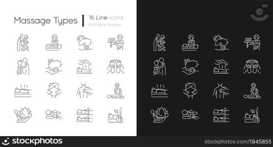 Massage types linear icons set for dark and light mode. Physical health improvement. Apply pressure to muscles. Customizable thin line symbols. Isolated vector outline illustrations. Editable stroke. Massage types linear icons set for dark and light mode
