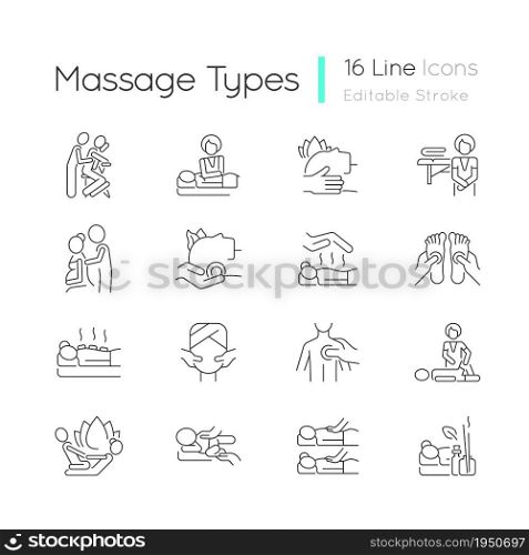 Massage types linear icons set. Physical health improvement. Applying pressure to muscles. Healing body. Customizable thin line contour symbols. Isolated vector outline illustrations. Editable stroke. Massage types linear icons set