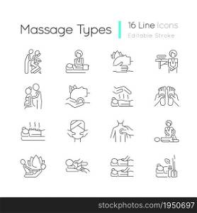Massage types linear icons set. Physical health improvement. Applying pressure to muscles. Healing body. Customizable thin line contour symbols. Isolated vector outline illustrations. Editable stroke. Massage types linear icons set
