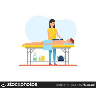 Massage using hot stones technique with heat methods. Masseuse and male client relaxing on table, isolated icon, treatment of patient lotions vector. Massage Using Hot Stones Icon Treatment Vector