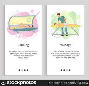 Massage vector, tanning in spa salon, woman in sunroom gaining hues of skin, masseur with client male massaging back of person on procedure. Website or slider app, landing page flat style. Tanning and Massage, Professional Care Vector