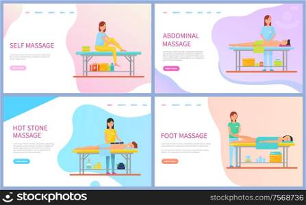 Massages and healthcare procedures vector, beauty salon services. Self and abdominal, hot stone and foot, clients on table and massaging with oils and lotions. Massages and Healthcare, Beauty Salon Services