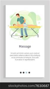 Masseur character making massage on back of lying person with towel, woman relax on table, spa procedure, relaxing healthcare of skin, masseuse vector. Website or app slider, landing page flat style. Massage Spa Procedure, Relaxing Person Vector