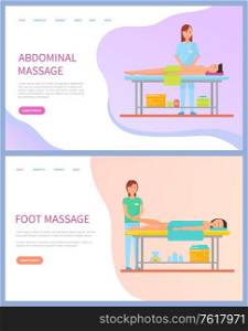 Masseuse doing abdominal and foot massage for clients vector. Web page with flat people making spa procedures and lying on table, healthcare and relaxation. Masseuse Doing Abdominal and Foot Massage Vector