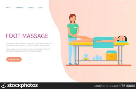 Masseuse making foot massage for client with towel. Flat webpage woman getting spa procedure, lying human on table, healthcare and relaxation vector. Masseuse Making Foot Relaxation Massage Vector