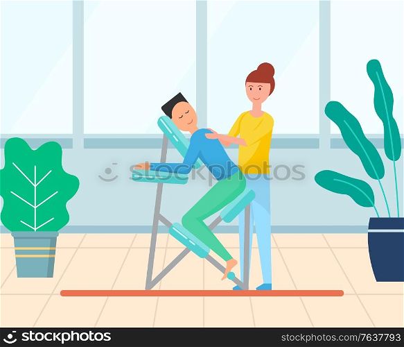 Masseuse stretching back of male client sitting in special armchair. Massage chair in massaging room with plants in flower pots, comfortable equipment. Masseuse Massaging Back of Client, Massage Chair