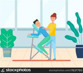 Masseuse stretching back of male client sitting in special armchair. Massage chair in massaging room with plants in flower pots, comfortable equipment. Masseuse Massaging Back of Client, Massage Chair